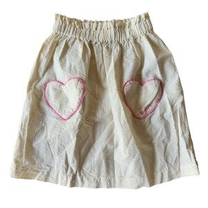 Bonton Girls 12 Skirt Yellow Seersucker Pink Heart Pockets Elastic Stretch Waist